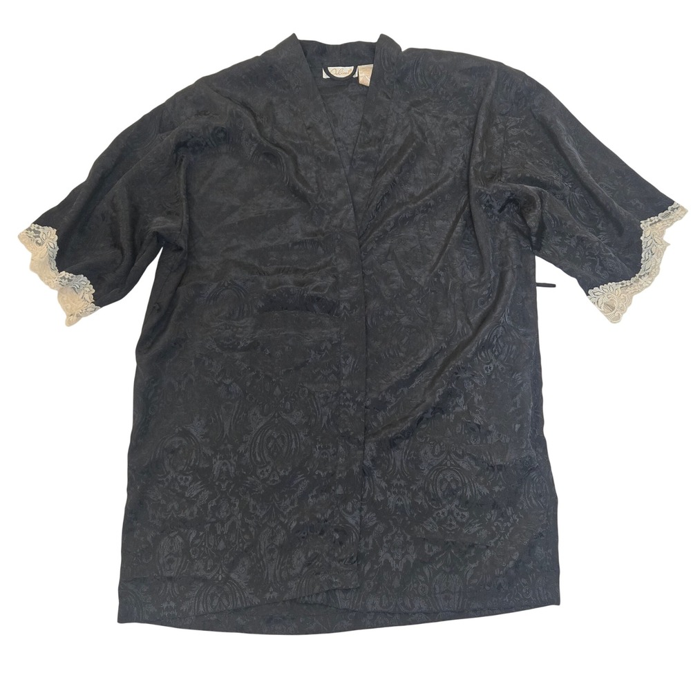 Delicates Vintage Black Paisley Jacquard Robe Lace Trim Short Sleeve‎ Medium